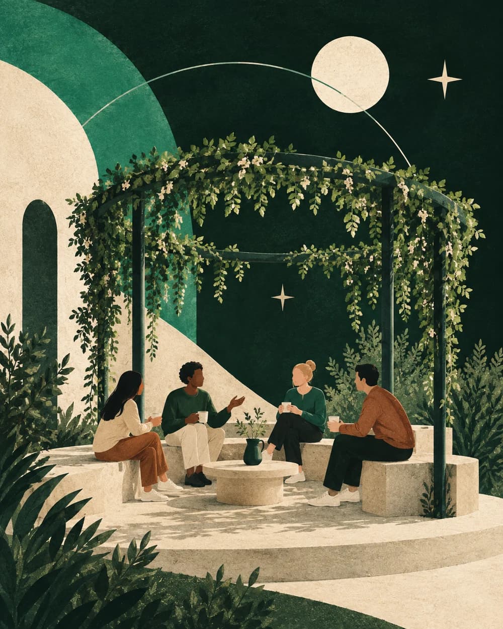 Illustration de personnes réunies pour échanger