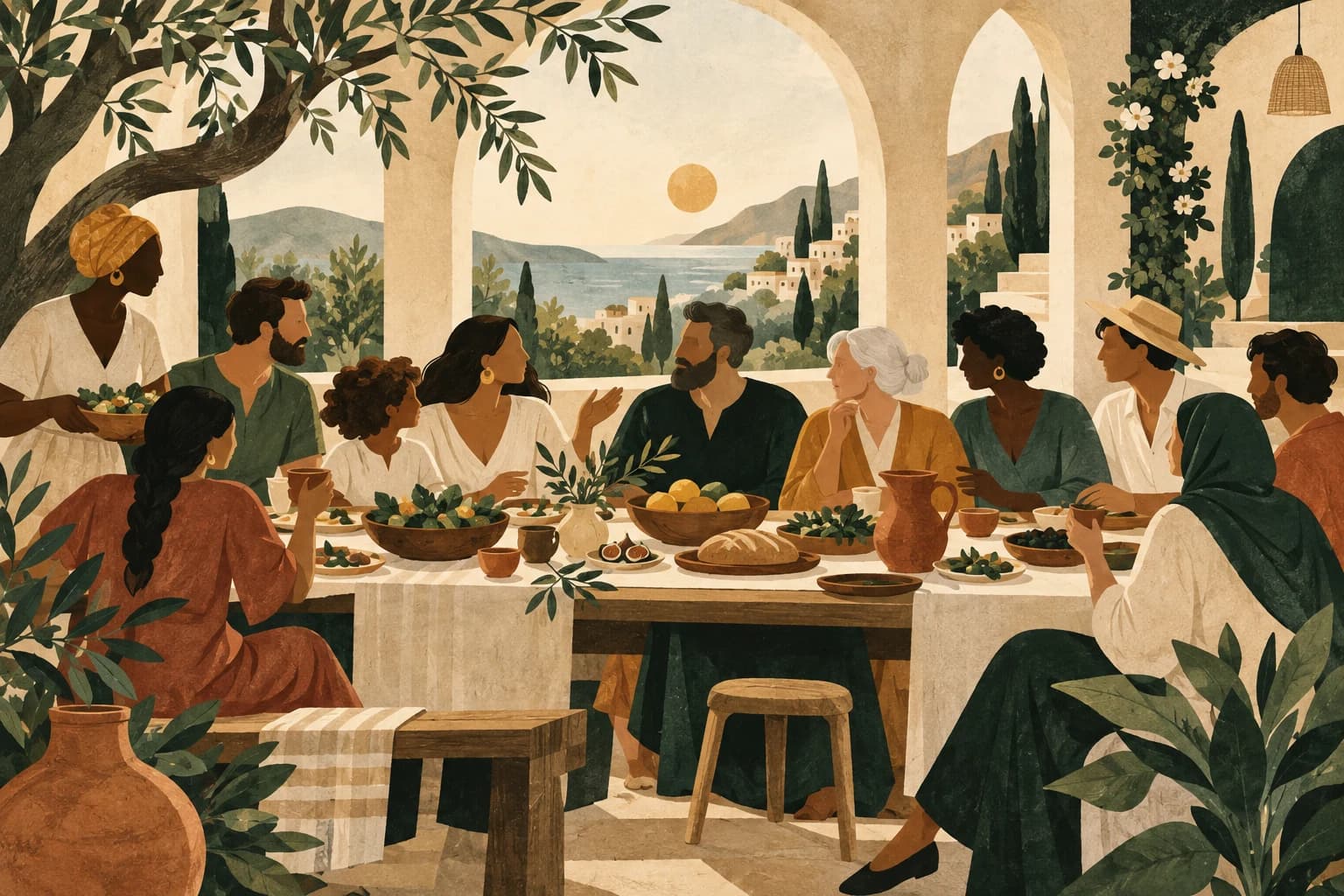 Illustration : une grande table conviviale sous une architecture ouverte, une communauté diverse partage un repas et se parle