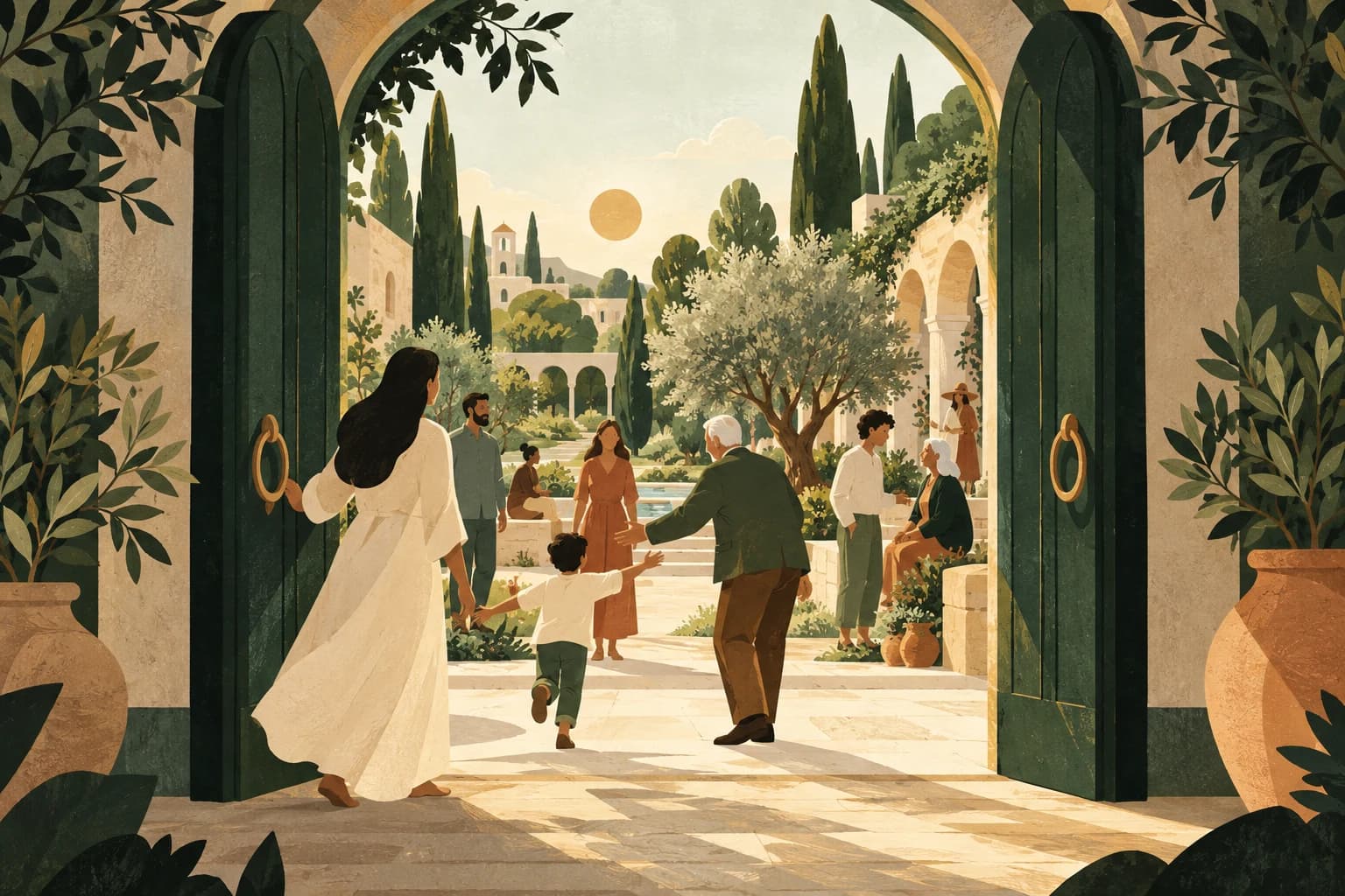 Illustration : une porte monumentale ouverte sur un jardin lumineux où des personnes de générations diverses se rencontrent
