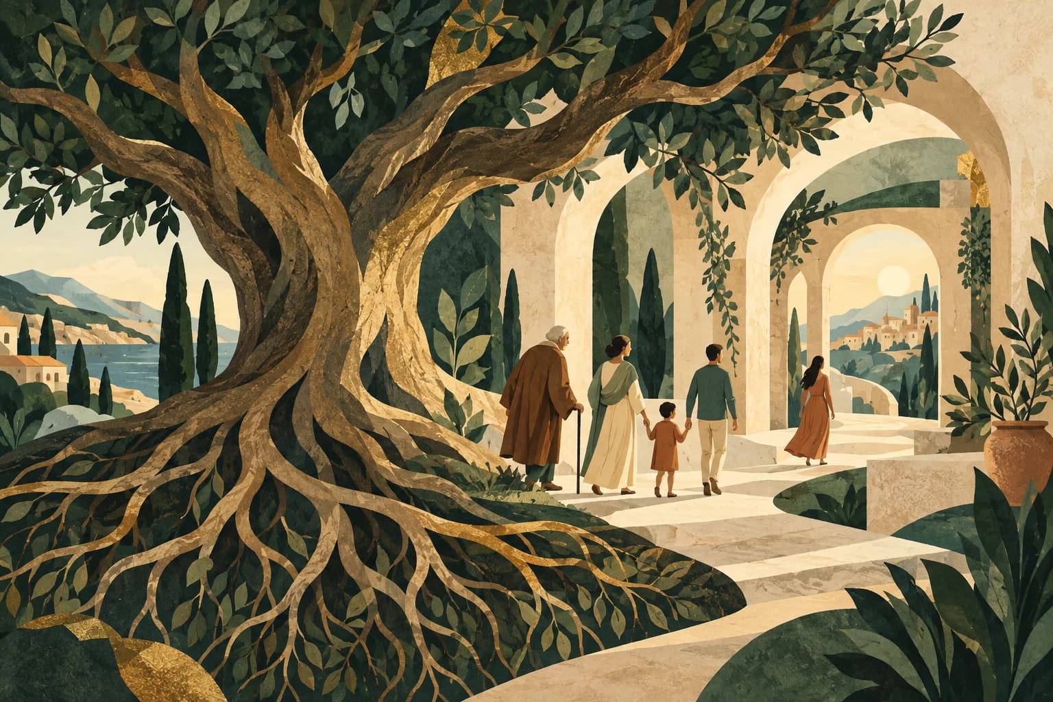 Illustration : un arbre majestueux aux racines visibles près d'un chemin traversant plusieurs arches, image symbolique de transmission entre générations, sans dates ni prétention documentaire