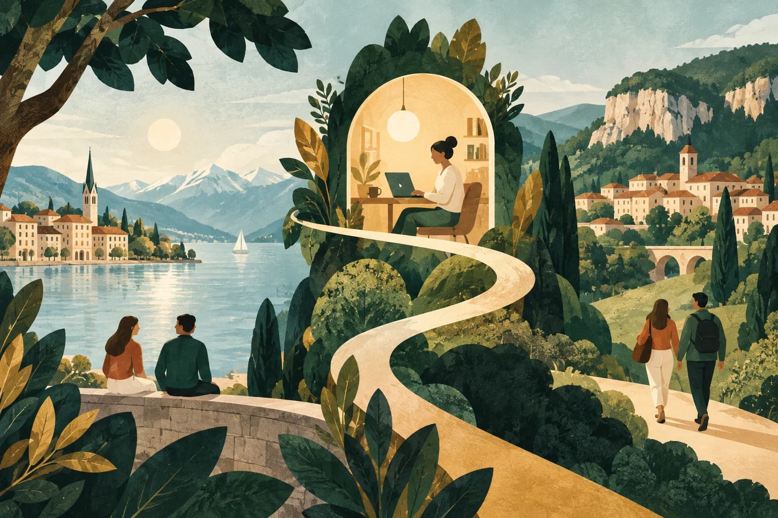 Illustration : trois espaces reliés par un chemin, ville suisse au bord d'un lac, ville jurassienne et fenêtre lumineuse symbolisant la connexion en ligne, sans monuments inventés précis