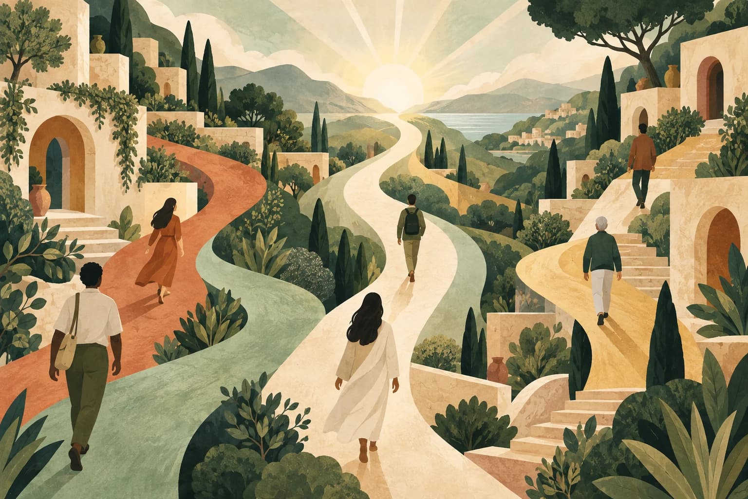 Illustration : plusieurs chemins colorés doux convergent vers une lumière, des personnes avancent chacune à leur rythme entre des terrasses