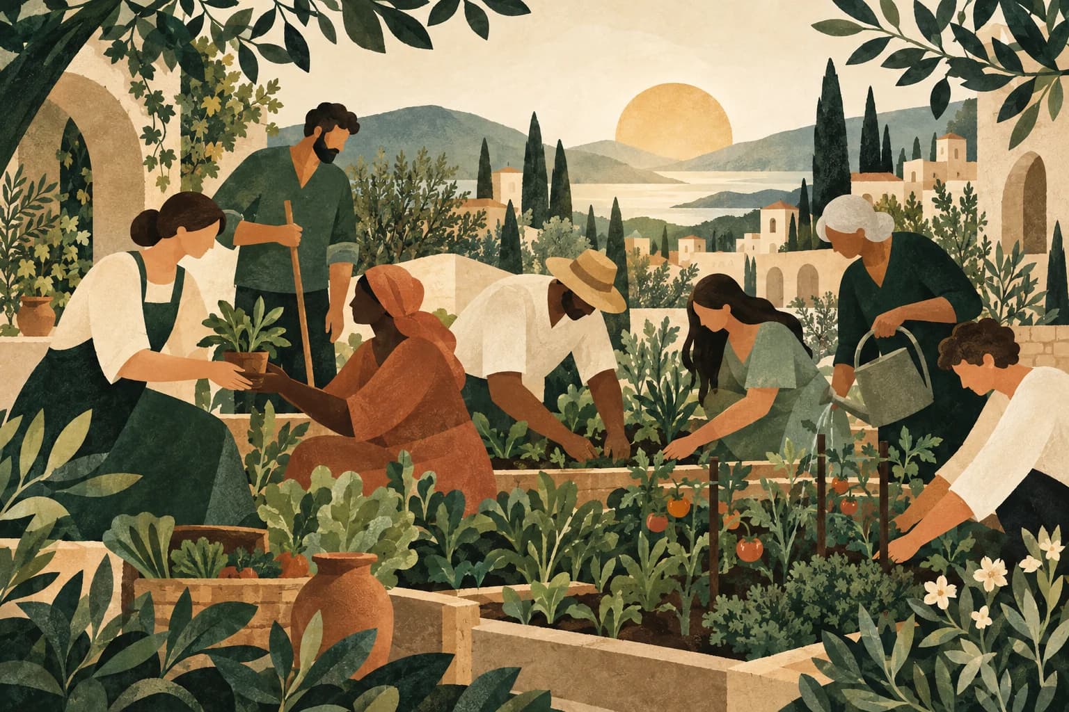 Illustration : des personnes s'entraident pour cultiver un jardin, gestes d'accueil, de service et d'unité
