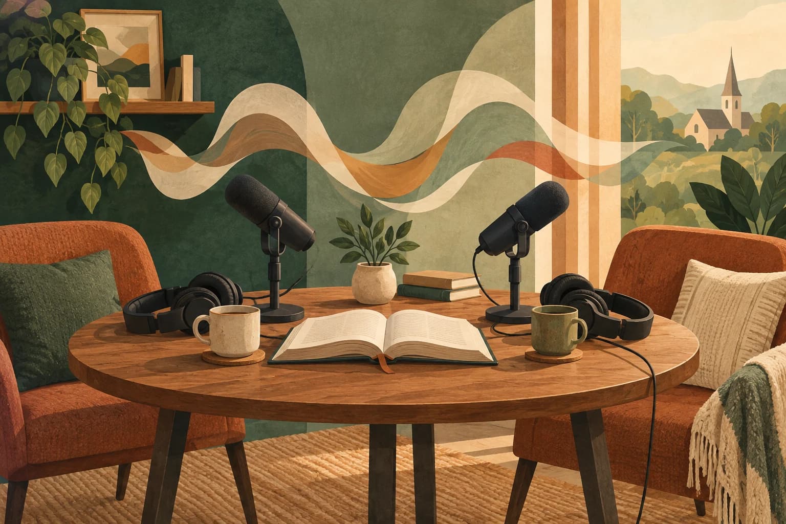 Microphones et livres autour d’une conversation