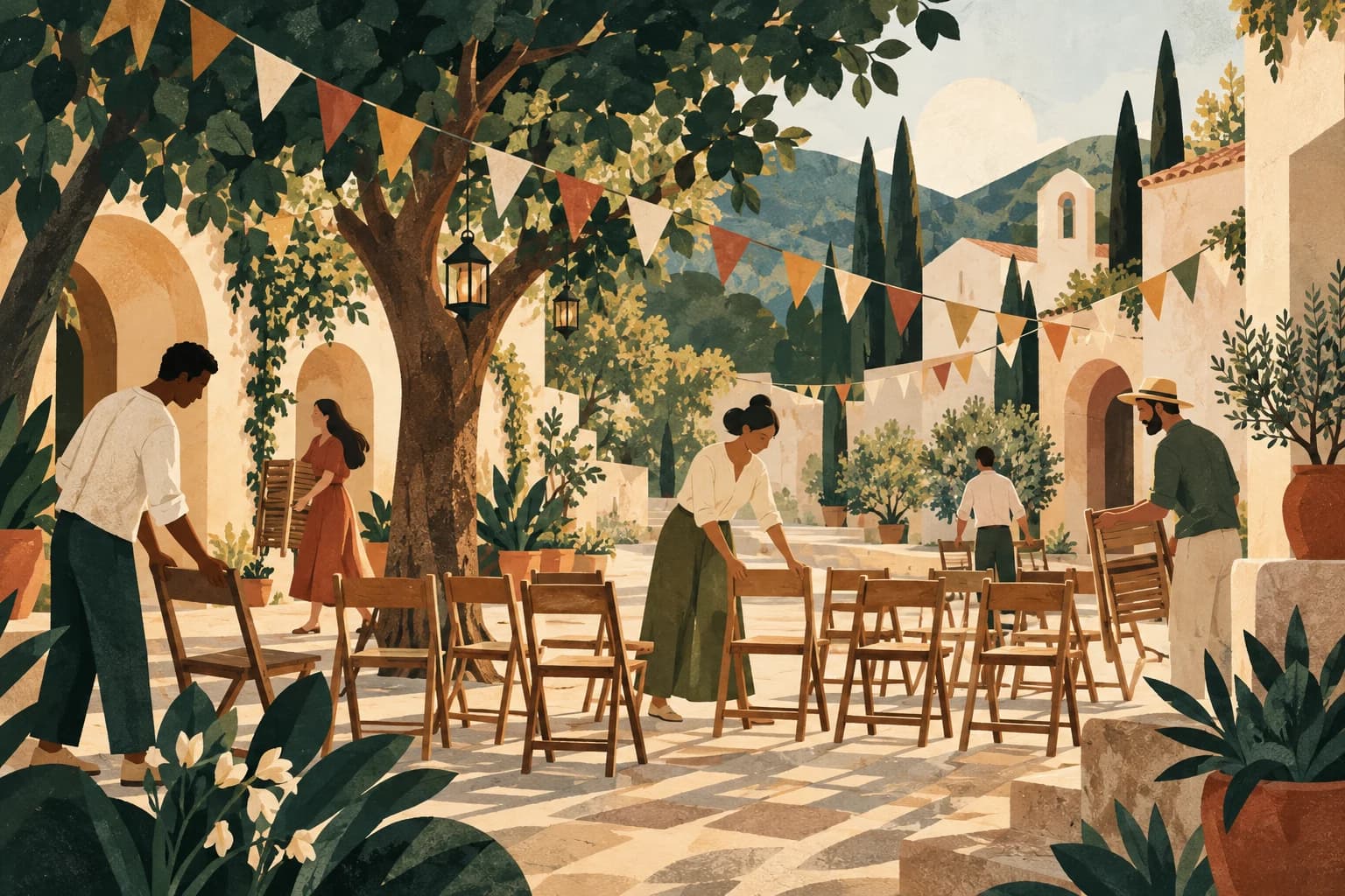 Illustration : une place accueillante avec des fanions et un petit groupe préparant des chaises pour une rencontre communautaire