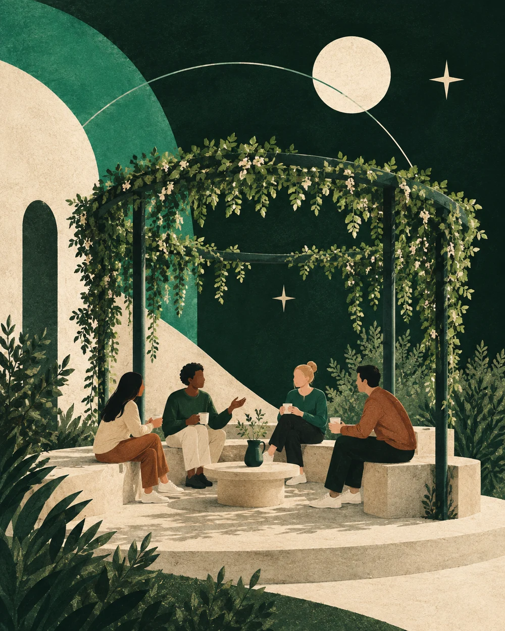 Illustration: es Gspröch unter ere Pergola