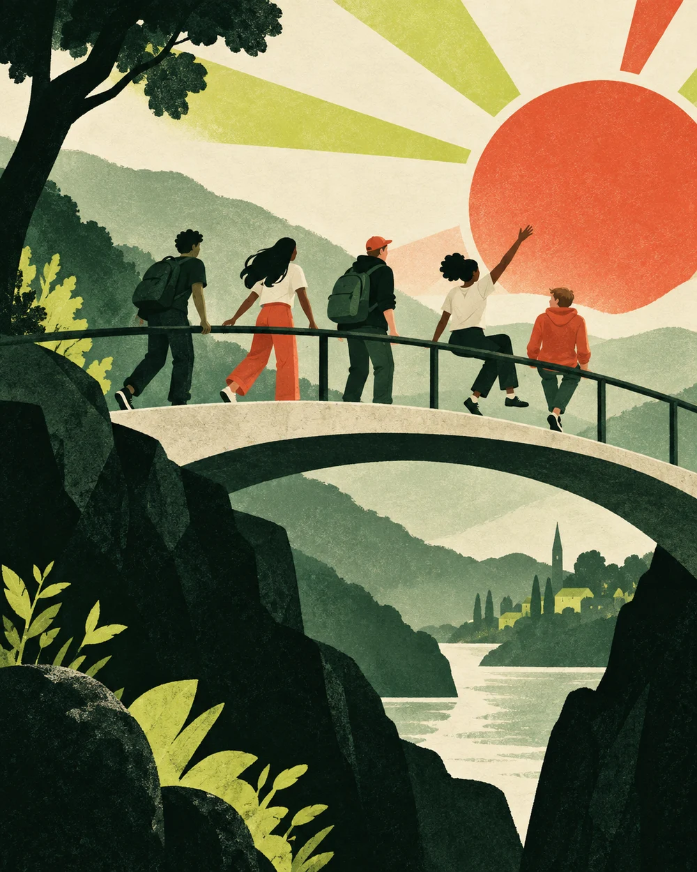 Illustration: Jugendlichi überquered zäme e Brugg
