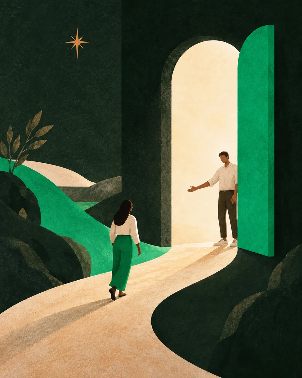 Illustration : une porte ouverte et des personnes qui accueillent